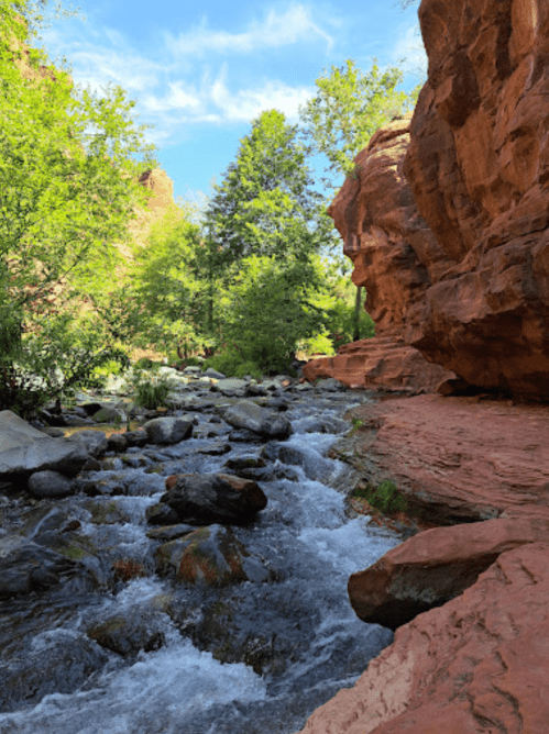 A serene river flows through a rocky landscape, surrounded by lush green trees and red rock formations under a blue sky.