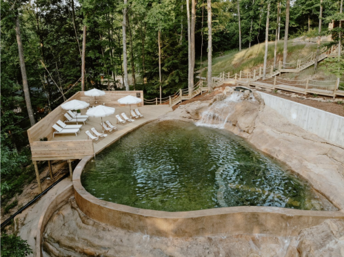 A serene outdoor pool surrounded by trees, featuring lounge chairs and umbrellas, with a small waterfall nearby.