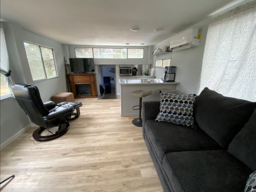 Cozy living space with a black sofa, armchair, kitchen area, and large windows letting in natural light.