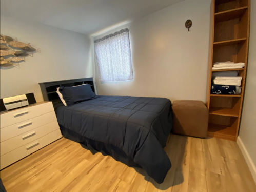Cozy bedroom with a single bed, nightstand, and shelves, featuring light blue walls and wooden flooring.
