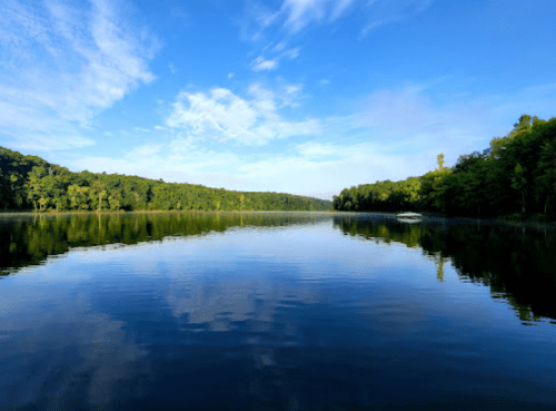 Serene lake view with calm waters reflecting blue sky and lush green trees along the shore.