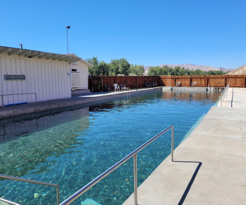 A clear swimming pool with a concrete deck, surrounded by trees and a wooden fence under a blue sky.