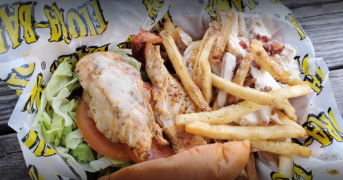 A plate of grilled chicken, lettuce, tomato, fries, and a hot dog, served in a branded paper wrap.