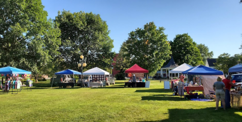 A sunny outdoor market scene with colorful tents and vendors set up on a grassy area surrounded by trees.