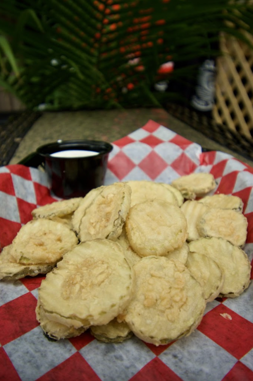 A plate of crispy fried pickles served with a small cup of dipping sauce on a red and white checkered paper.