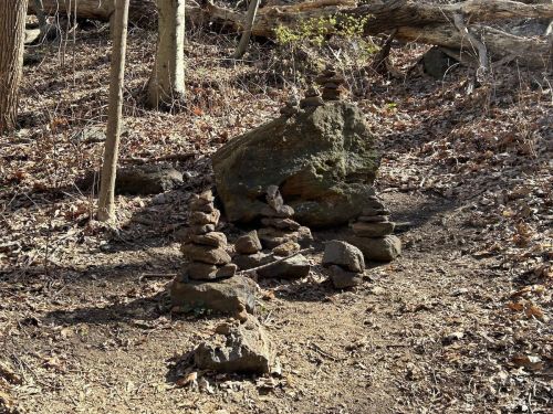A trail of stacked stones leads to a larger rock in a wooded area with fallen leaves on the ground.