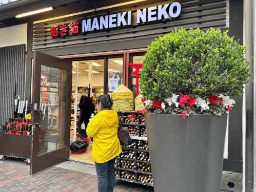 A person in a yellow jacket stands outside a store named "Maneki Neko," with a large planter of flowers nearby.