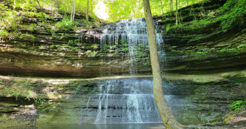 A serene waterfall cascading over rocky cliffs, surrounded by lush green trees and a tranquil pool below.