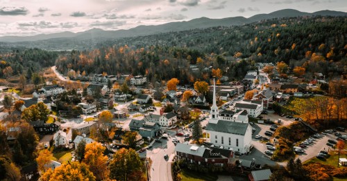 Shot of the town Stowe, Vermont during fall.