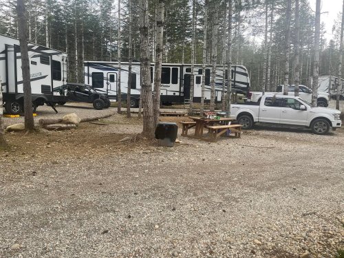 A campsite with RVs and a picnic table surrounded by trees and gravel.