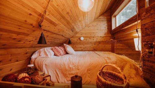 Cozy wooden bedroom with sloped ceiling, a bed, warm lighting, and rustic decor.
