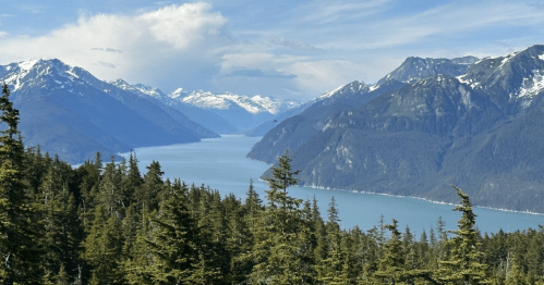 A scenic view of a river winding through mountains, surrounded by lush forests and snow-capped peaks under a blue sky.