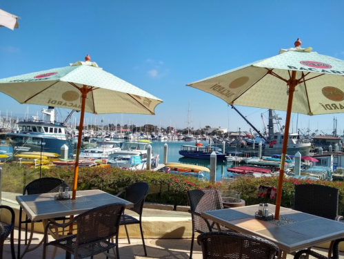 A scenic view of a marina with boats, framed by tables and umbrellas at a waterfront restaurant.