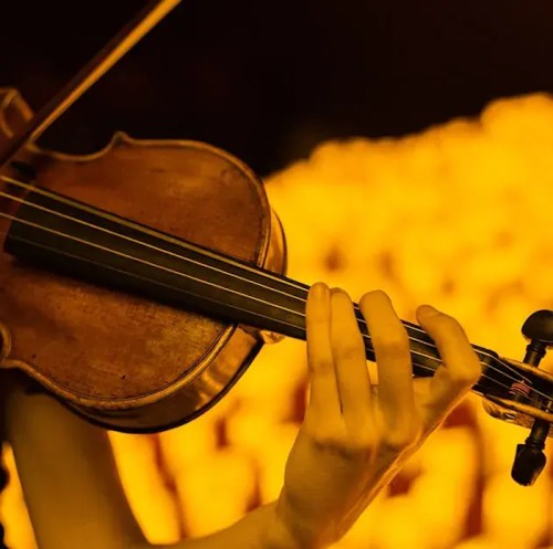 A close-up of a hand playing a violin, with a warm yellow background.