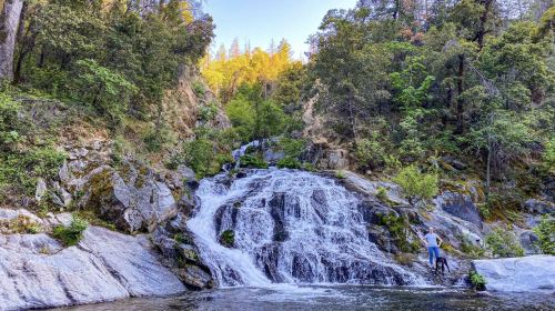 A serene waterfall cascades over rocks, surrounded by lush greenery and a person standing nearby, enjoying the scenery.