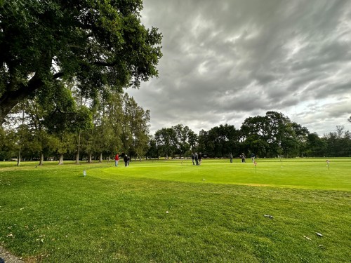 A group of people practicing putting on a golf green under a cloudy sky, surrounded by trees.