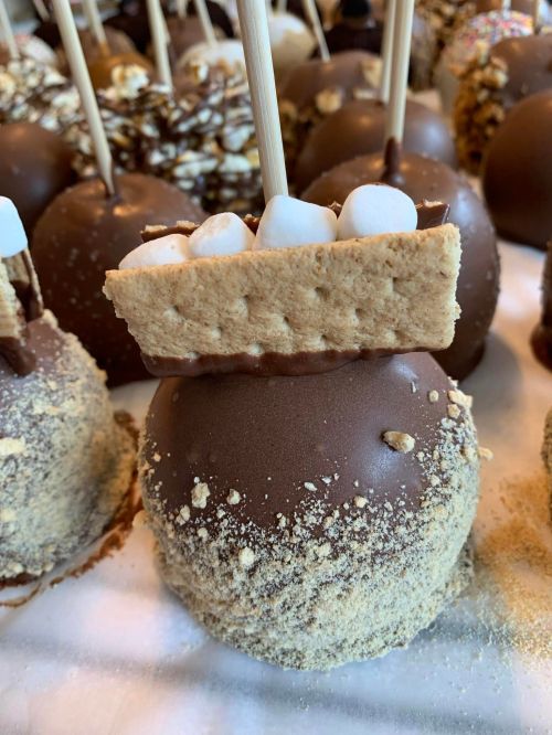 Close-up of a chocolate-covered caramel apple topped with a graham cracker and mini marshmallows, surrounded by similar treats.