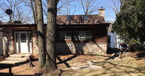 A cozy cabin with a stone exterior, surrounded by trees and grass, near a lake on a sunny day.