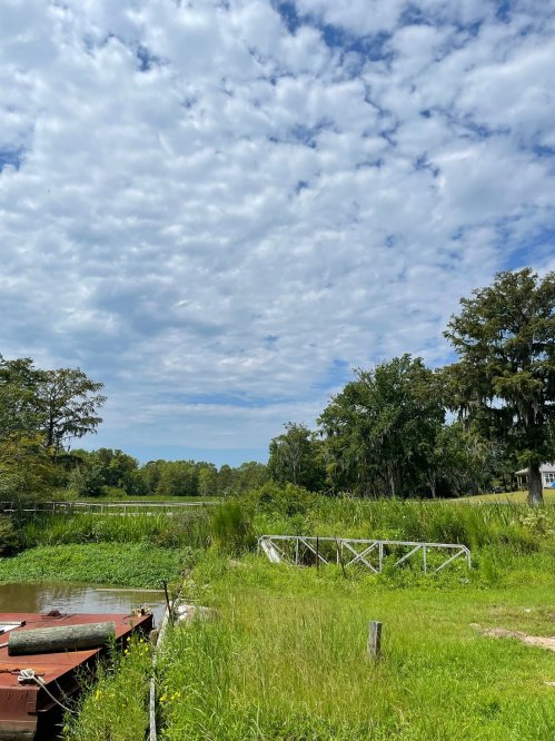 A serene landscape featuring a cloudy sky, lush greenery, and a calm waterway with a wooden fence in the foreground.