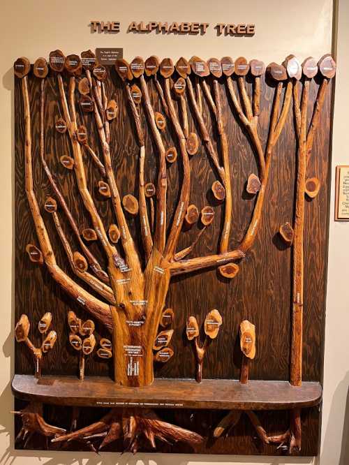 A wooden tree sculpture labeled "The Alphabet Tree," featuring branches and leaves with letters and words carved into them.