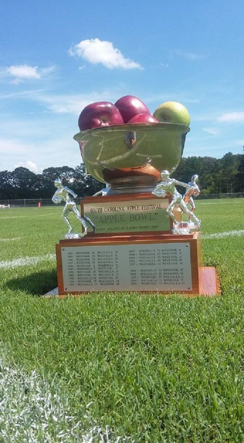 A trophy featuring a bowl of apples on a grassy field, labeled "South Carolina Apple Festival Apple Bowl."