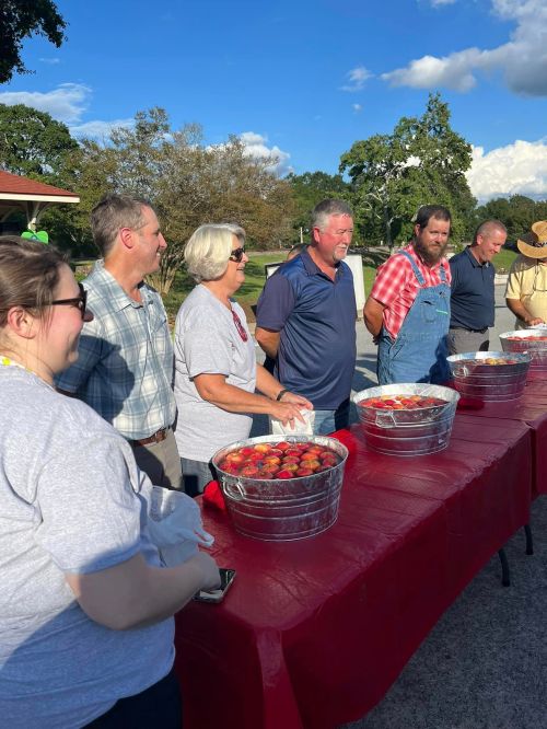 A group of people stands behind tables with bowls of strawberries at an outdoor event, smiling and chatting.