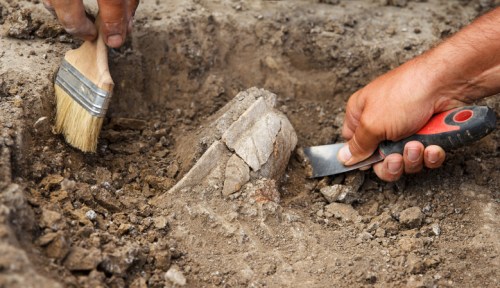 A close-up of hands carefully excavating a fossil with a brush and a tool in a dirt-filled area.