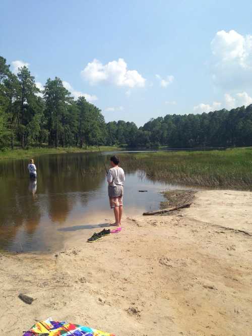 A child fishing on a sandy shore, with another person wading in a calm lake surrounded by trees and blue skies.