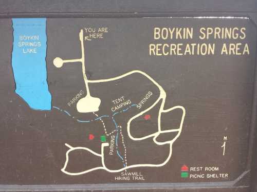 Map of Boykin Springs Recreation Area, showing trails, parking, tent camping, restrooms, and picnic shelter locations.