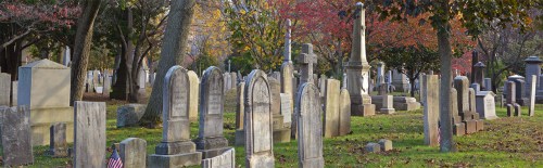 A peaceful cemetery scene with various gravestones surrounded by trees and autumn foliage.