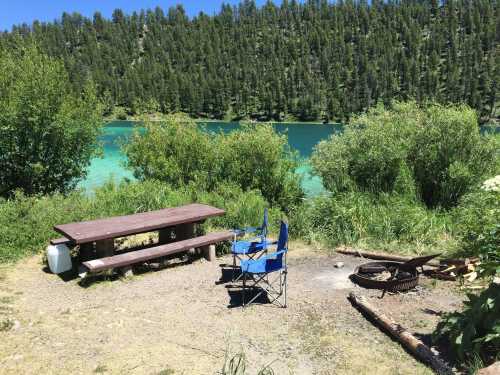 A picnic table and blue chair by a serene lake, surrounded by lush greenery and a fire pit nearby.