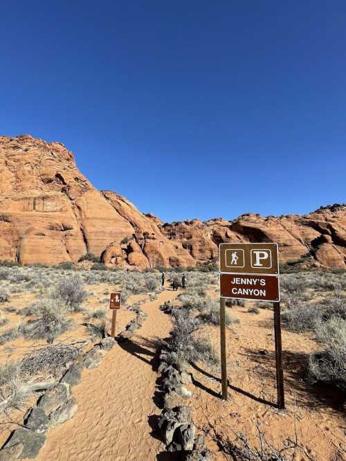 Pathway leading to Jenny's Canyon, surrounded by red rock formations and sparse vegetation under a clear blue sky.