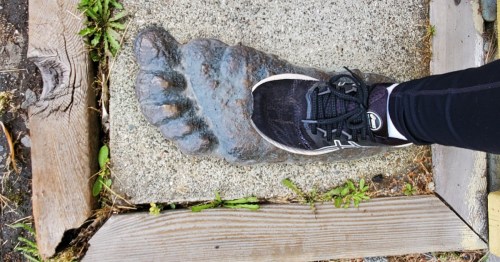 A person's sneaker rests on a large, sculpted foot print embedded in a stone path.