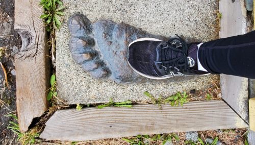 A person wearing a black sneaker stands on a large, bronze Bigfoot footprint embedded in a concrete path.