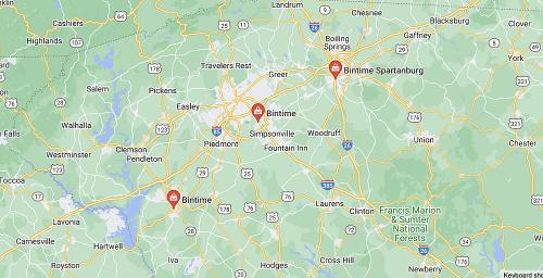 Map showing the locations of Bintime in relation to nearby cities in South Carolina, including Simpsonville and Spartanburg.