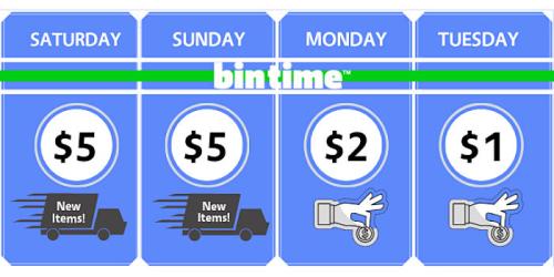 Weekly sale schedule: Saturday and Sunday $5, Monday $2, Tuesday $1. New items available each day.