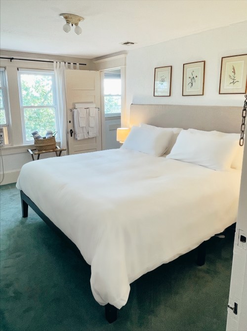 Cozy bedroom with a large bed, green carpet, and natural light from windows, featuring simple decor and a chair.