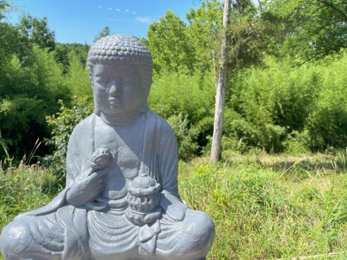 A serene Buddha statue sits amidst lush greenery under a clear blue sky.