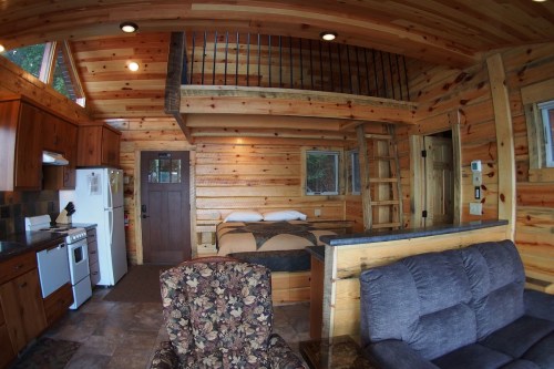 Cozy cabin interior featuring a kitchen, living area, and a lofted bedroom with wooden walls and rustic decor.