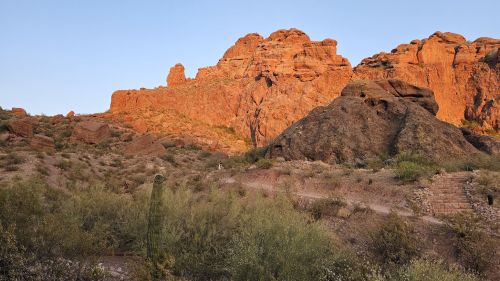 Desert landscape at sunset, featuring red rock formations and sparse vegetation under a clear sky.