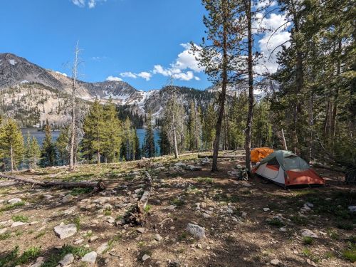 A colorful tent set up in a forest clearing near a lake, surrounded by mountains and trees under a clear blue sky.