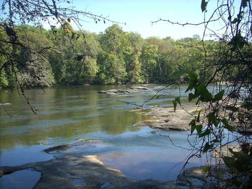 A serene river scene framed by trees, with smooth rocks visible in the water under a clear blue sky.