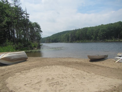 A serene lakeside scene with sandy shore, two boats, and lush green trees lining the water's edge under a cloudy sky.