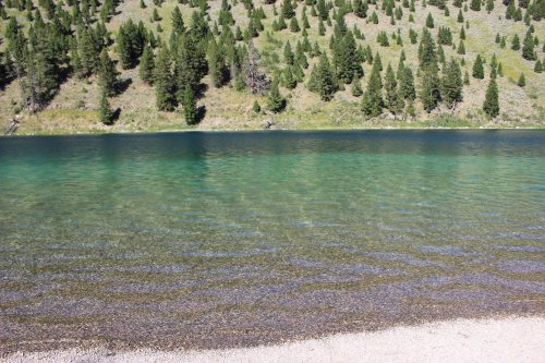 A serene lake with clear turquoise water, surrounded by green hills and pine trees.
