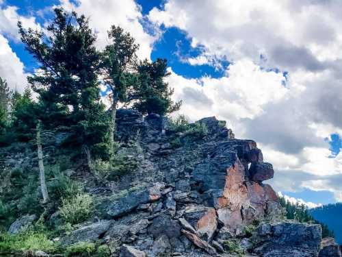 A rocky outcrop with trees against a backdrop of blue sky and fluffy clouds.