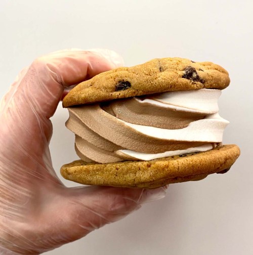 A hand in a glove holds a cookie sandwich filled with swirled chocolate and vanilla soft serve ice cream.