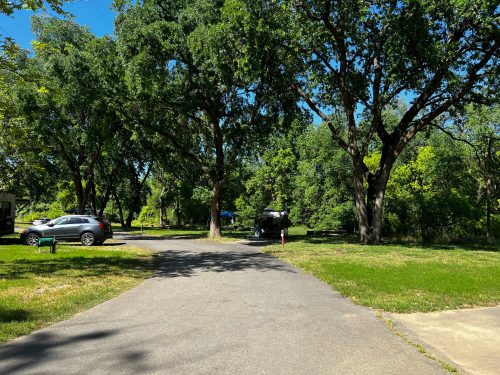 A peaceful park scene with a paved path, green grass, and large trees, featuring parked cars in the background.
