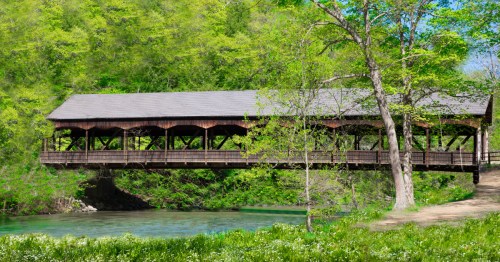 Covered bridge over the water at Mohican State Park in Ohio