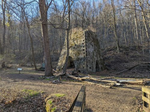 Ruins of a stone structure in a wooded area, surrounded by trees and fallen logs, with a sign nearby.