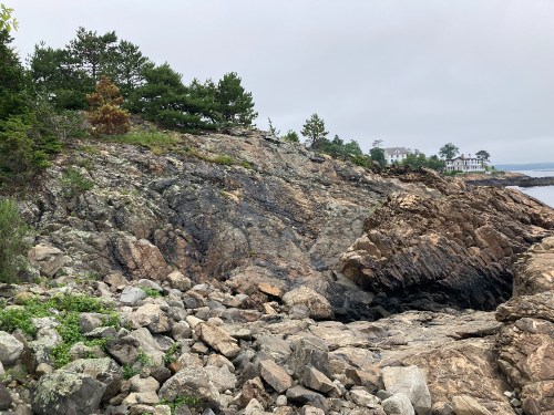 Rocky coastline with greenery and a distant house, under a cloudy sky.